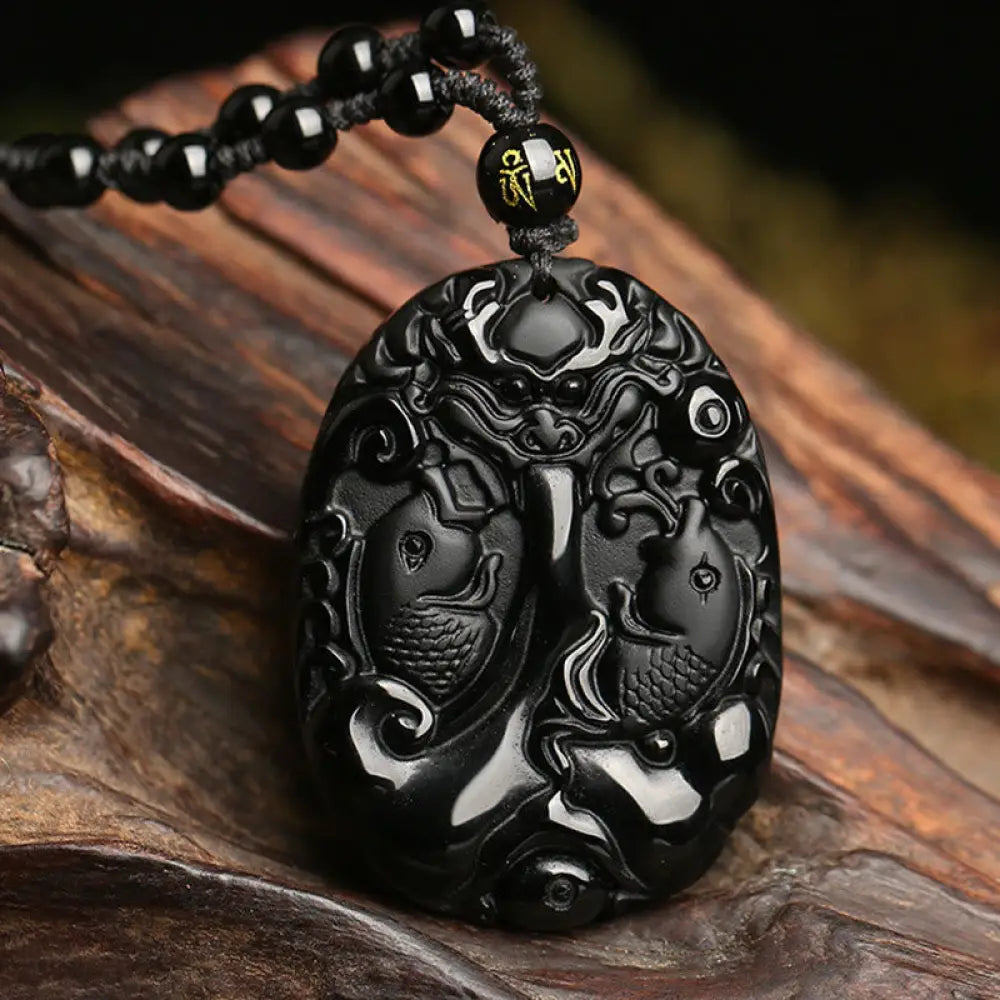BWOOOH black obsidian koi fish bead rope fulfilment strength necklace pendant