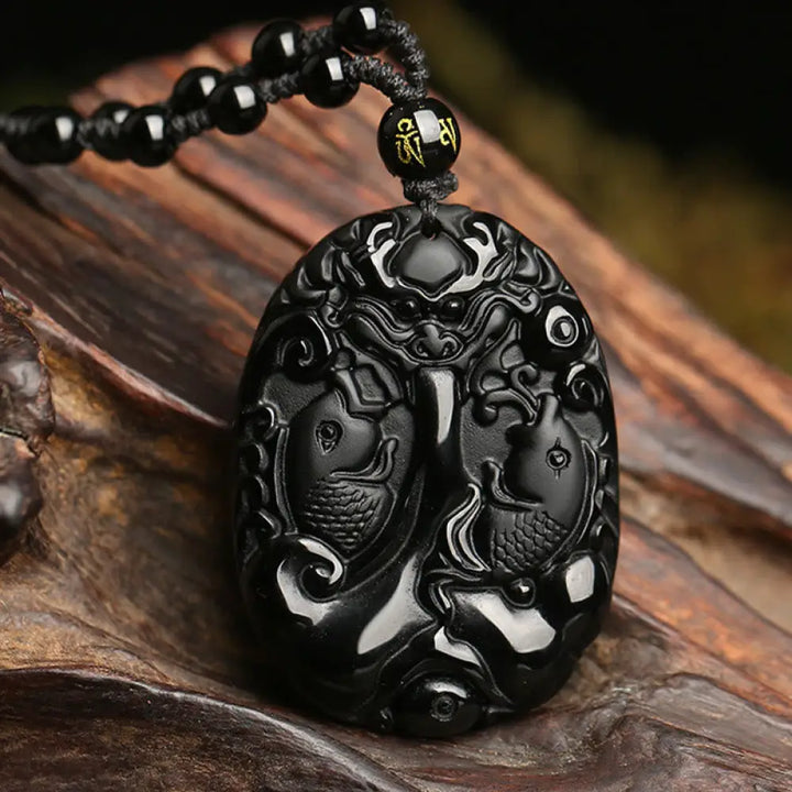 BWOOOH black obsidian koi fish bead rope fulfilment strength necklace pendant