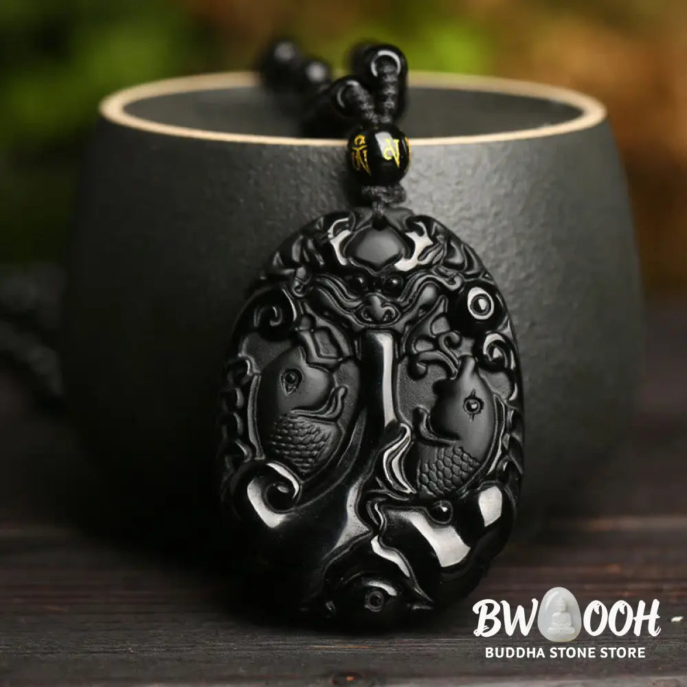 Buddha Stones Black Obsidian Koi Fish Bead Rope Fulfilment Strength Necklace Pendant - BWOOOH - Black Obsidian