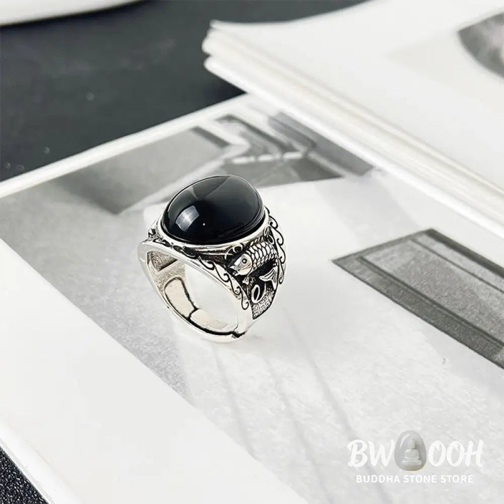 Buddha Stones Black Obsidian Koi Fish Symbol Strength Adjustable Ring - Black Obsidian - Ring