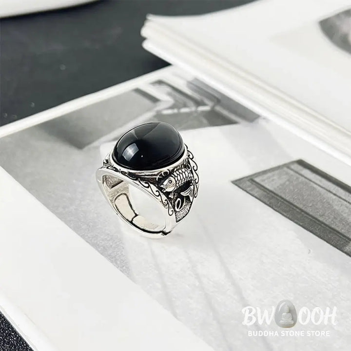 Buddha Stones Black Obsidian Koi Fish Symbol Strength Adjustable Ring - Black Obsidian - Ring