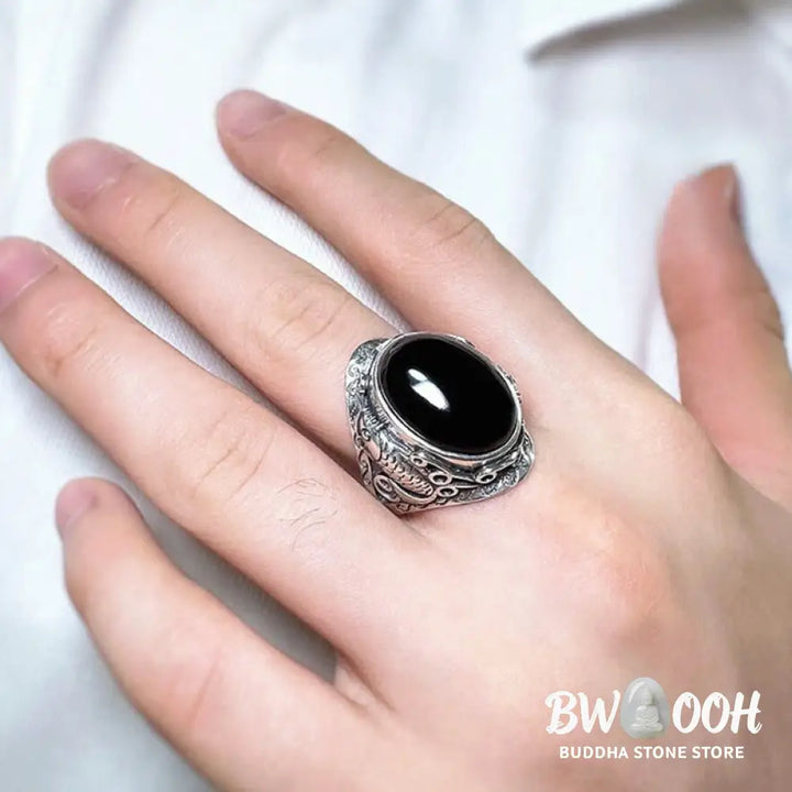 Buddha Stones Black Obsidian Koi Fish Symbol Strength Adjustable Ring - Black Obsidian - Ring