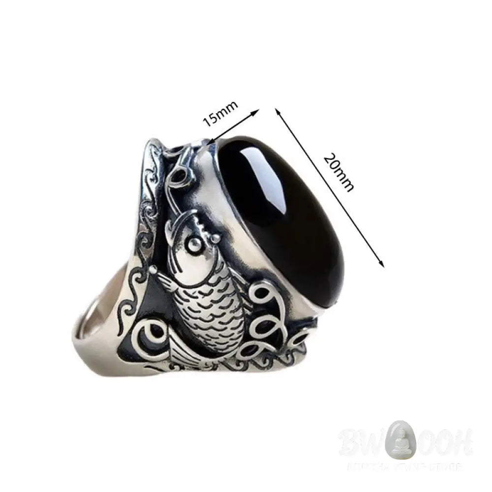 Buddha Stones Black Obsidian Koi Fish Symbol Strength Adjustable Ring - Black Obsidian - Ring