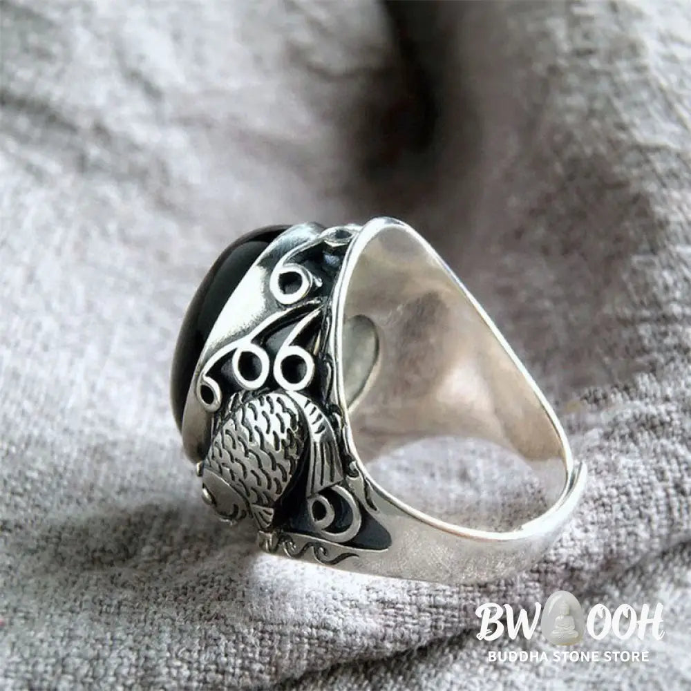 Buddha Stones Black Obsidian Koi Fish Symbol Strength Adjustable Ring - Black Obsidian - Ring