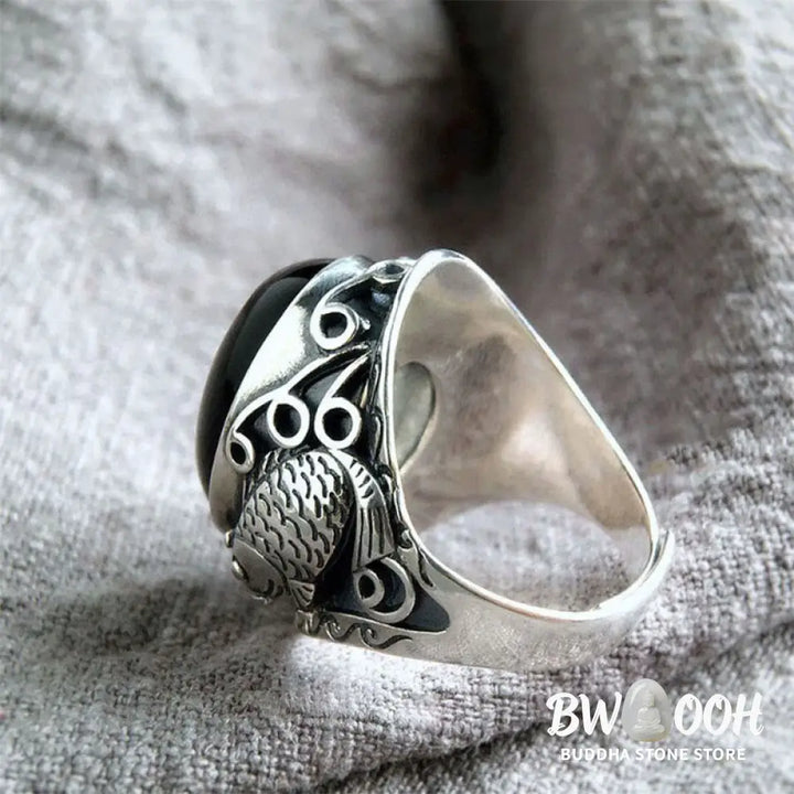 Buddha Stones Black Obsidian Koi Fish Symbol Strength Adjustable Ring - Black Obsidian - Ring