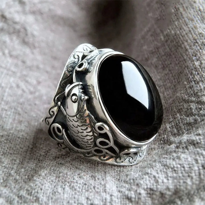 BWOOOH Black Obsidian Koi Fish Symbol Strength Adjustable Ring — Black Obsidian black obsidian bracelet for spiritual heal...