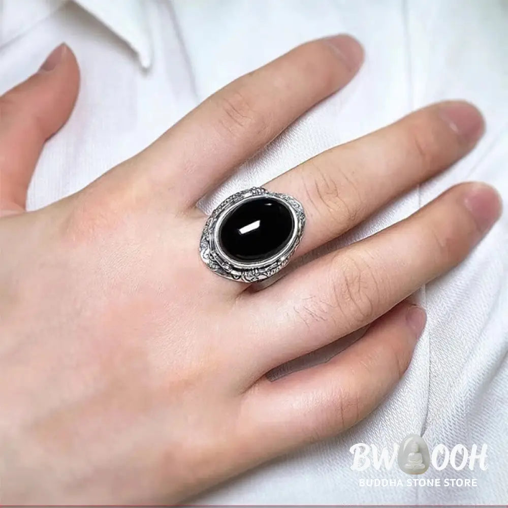 Buddha Stones Black Obsidian Koi Fish Symbol Strength Adjustable Ring - Black Obsidian - Ring