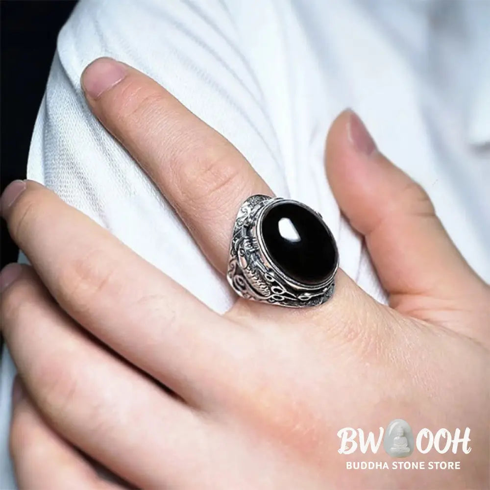 Buddha Stones Black Obsidian Koi Fish Symbol Strength Adjustable Ring - Black Obsidian - Ring