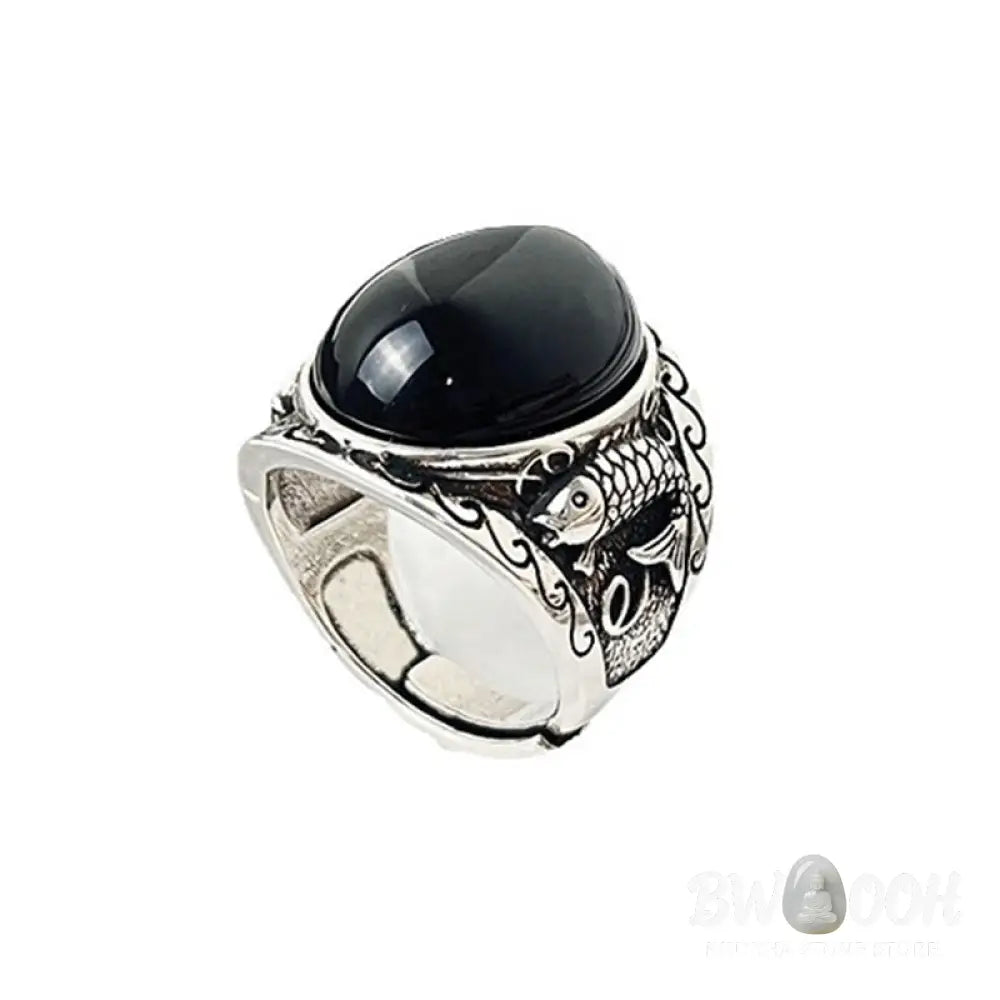 Buddha Stones Black Obsidian Koi Fish Symbol Strength Adjustable Ring - Black Obsidian - Ring
