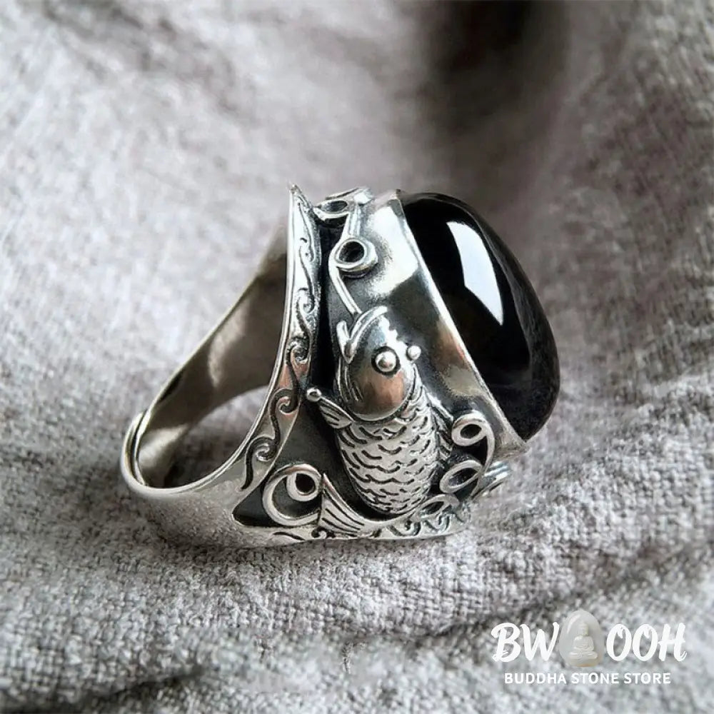 Buddha Stones Black Obsidian Koi Fish Symbol Strength Adjustable Ring - Black Obsidian - Ring