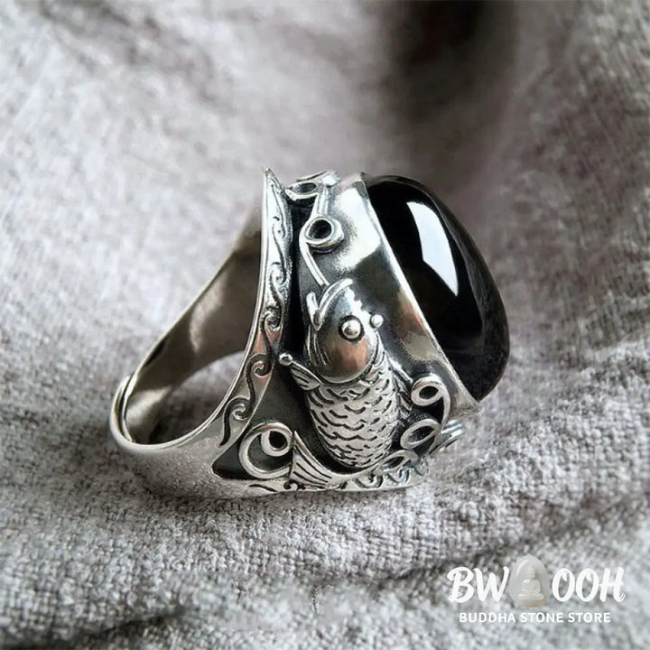 Buddha Stones Black Obsidian Koi Fish Symbol Strength Adjustable Ring - Black Obsidian - Ring