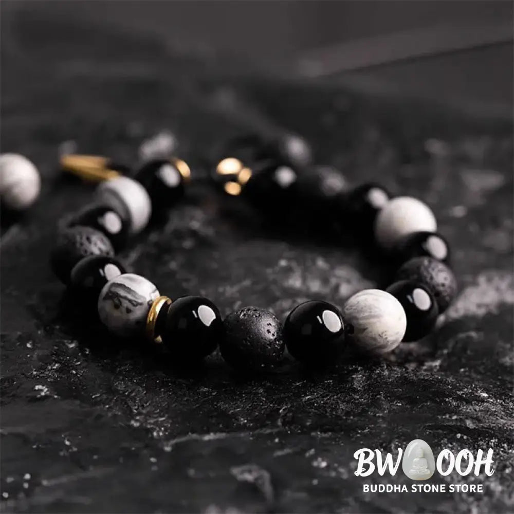 Buddha Stones Black Obsidian Lava Rock Stone Yin Yang Strength Bracelet - BWOOOH - Black Obsidian&amp;Lava Rock - Bracelet