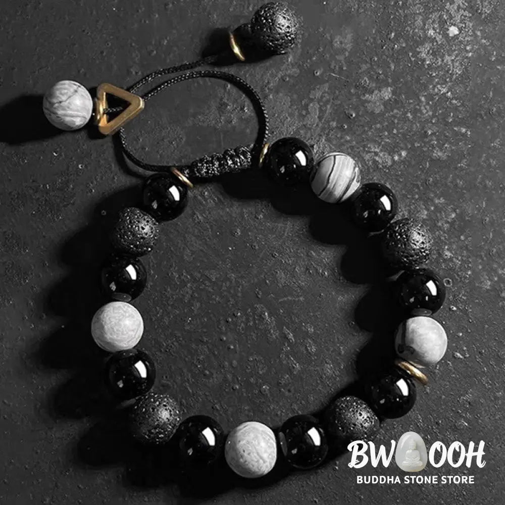 Buddha Stones Black Obsidian Lava Rock Stone Yin Yang Strength Bracelet - BWOOOH - Black Obsidian&amp;Lava Rock - Bracelet