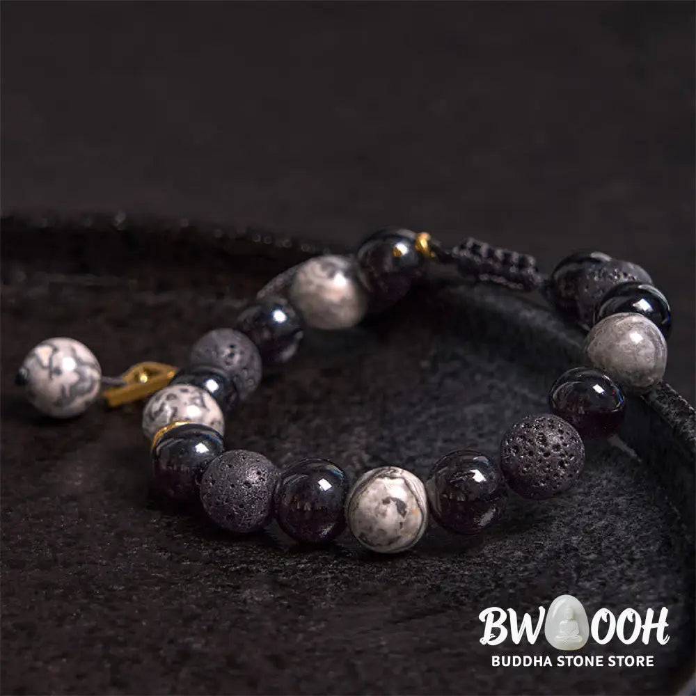 Buddha Stones Black Obsidian Lava Rock Stone Yin Yang Strength Bracelet - BWOOOH - Black Obsidian&amp;Lava Rock - Bracelet