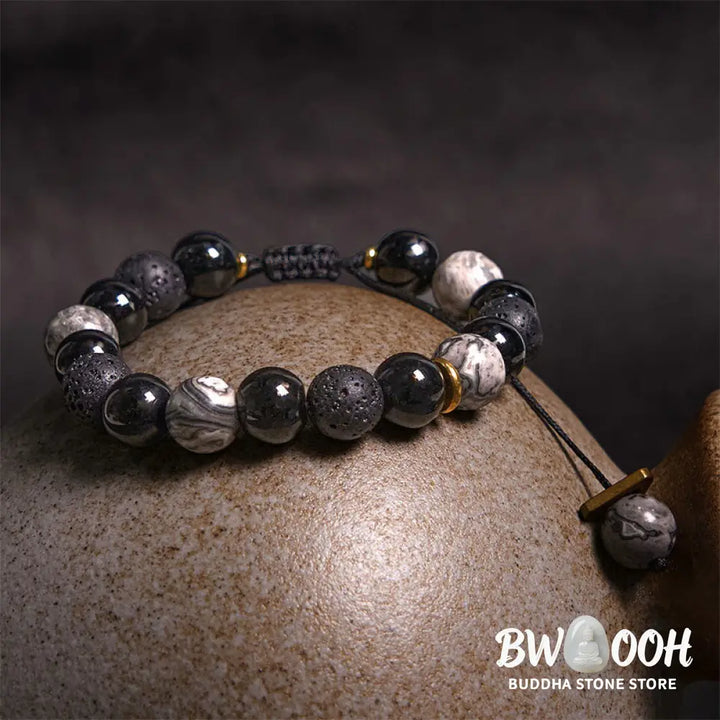 Buddha Stones Black Obsidian Lava Rock Stone Yin Yang Strength Bracelet - BWOOOH - Black Obsidian&amp;Lava Rock - Bracelet
