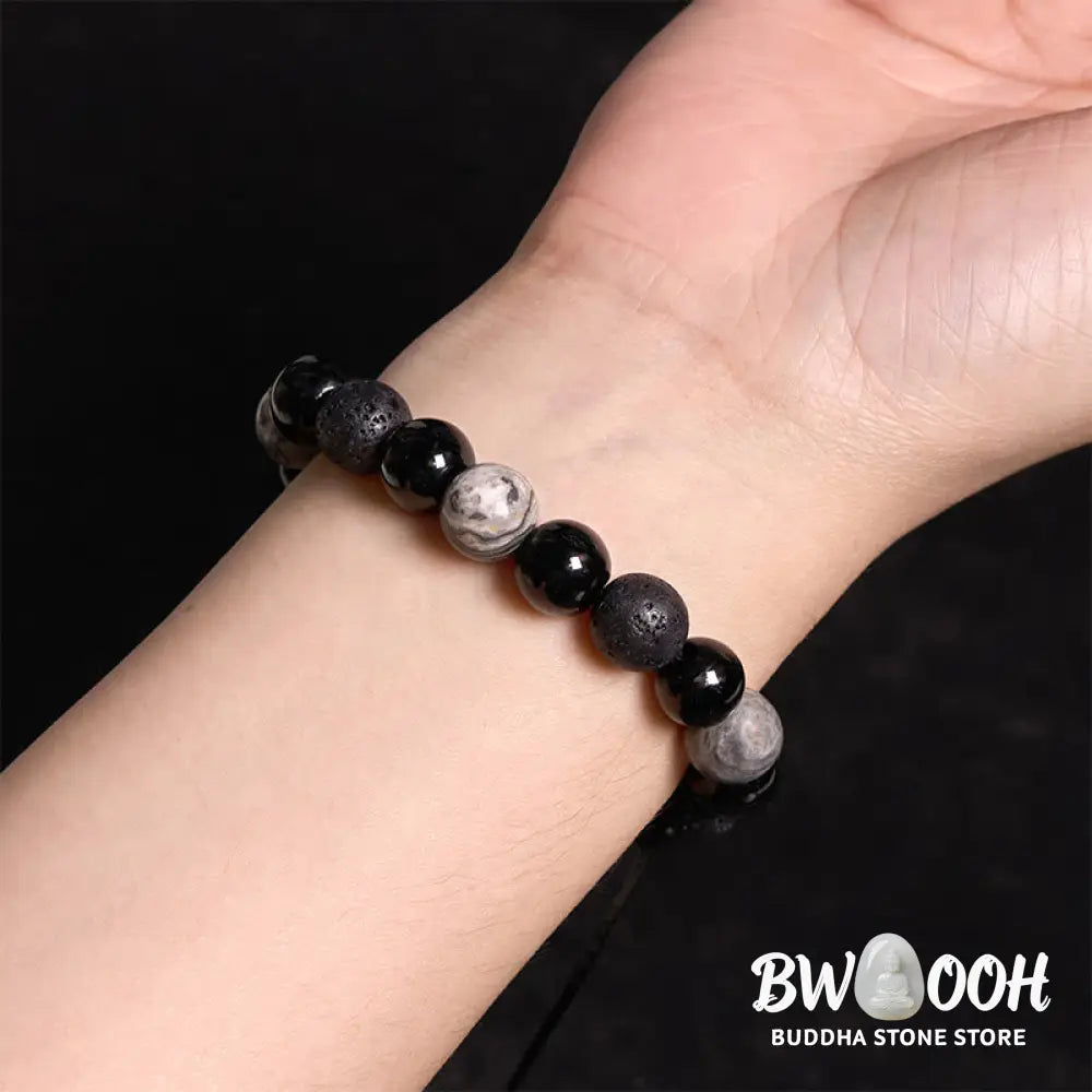 Buddha Stones Black Obsidian Lava Rock Stone Yin Yang Strength Bracelet - BWOOOH - Black Obsidian&amp;Lava Rock - Bracelet