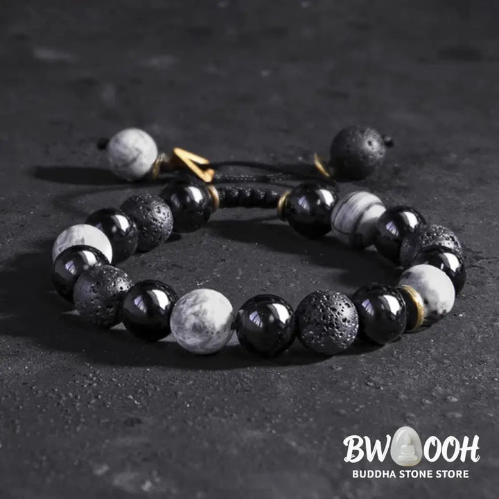 Buddha Stones Black Obsidian Lava Rock Stone Yin Yang Strength Bracelet - BWOOOH - Black Obsidian&amp;Lava Rock - Bracelet