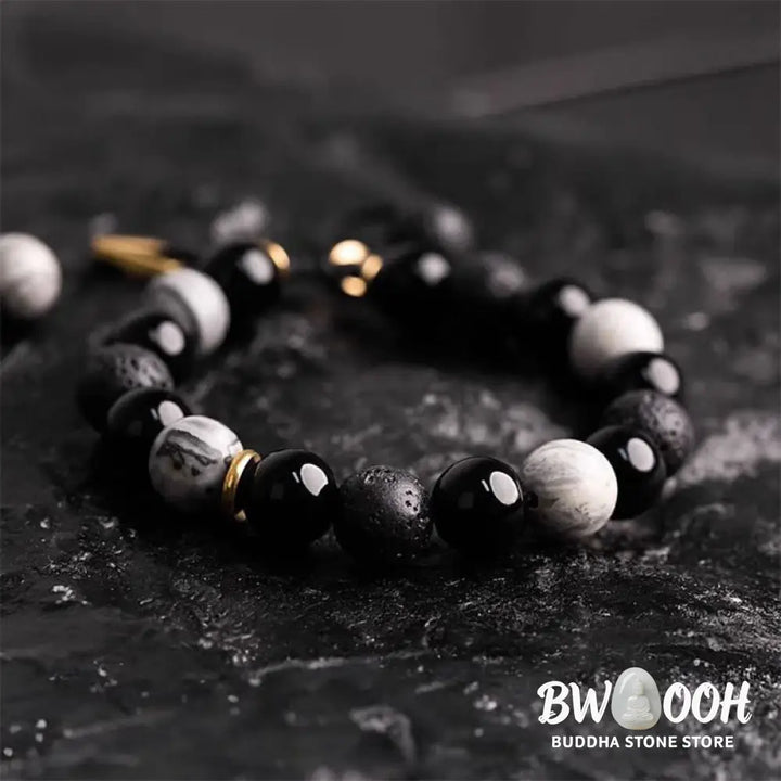 Buddha Stones Black Obsidian Lava Rock Stone Yin Yang Strength Bracelet - BWOOOH - Black Obsidian&amp;Lava Rock - Bracelet