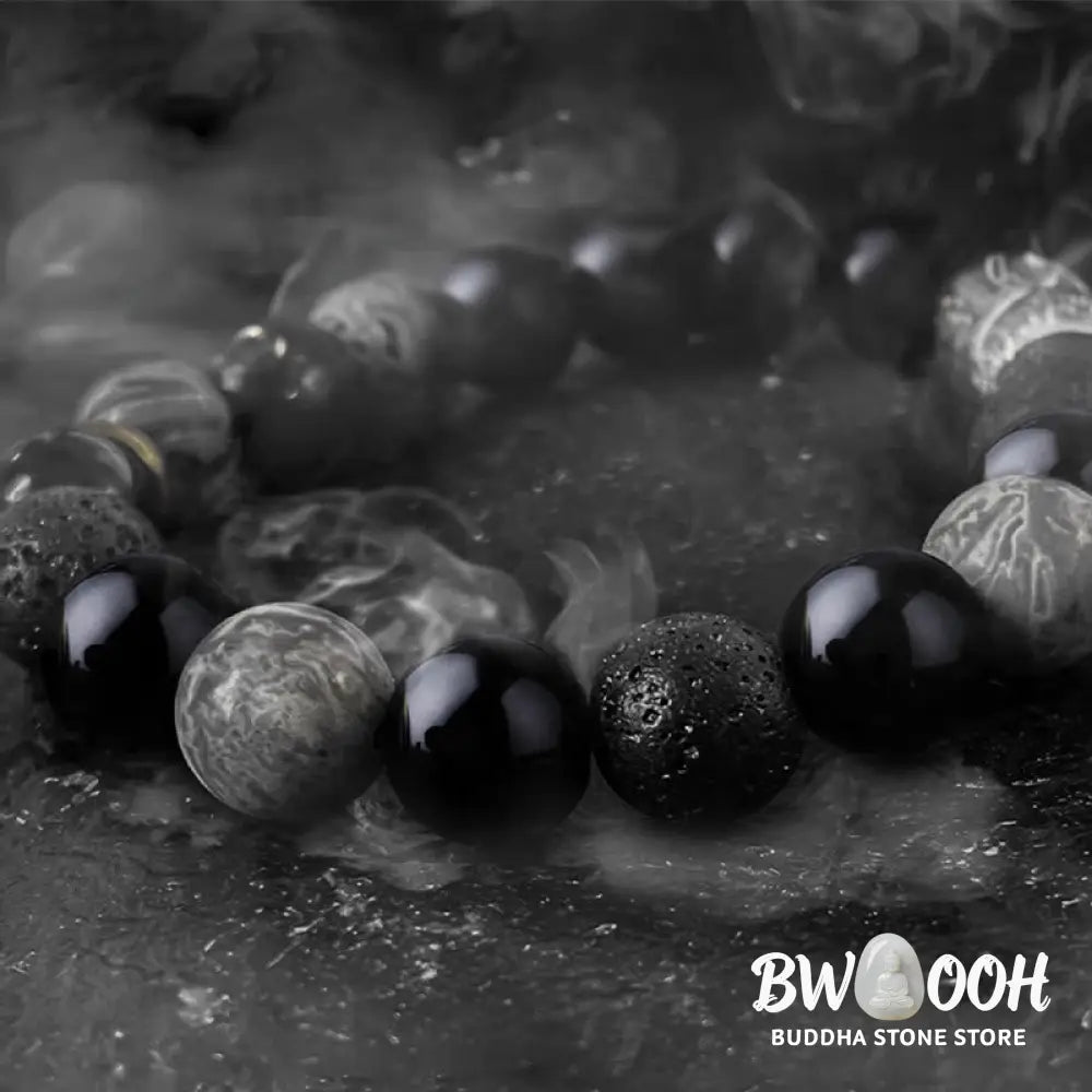 Buddha Stones Black Obsidian Lava Rock Stone Yin Yang Strength Bracelet - BWOOOH - Black Obsidian&amp;Lava Rock - Bracelet