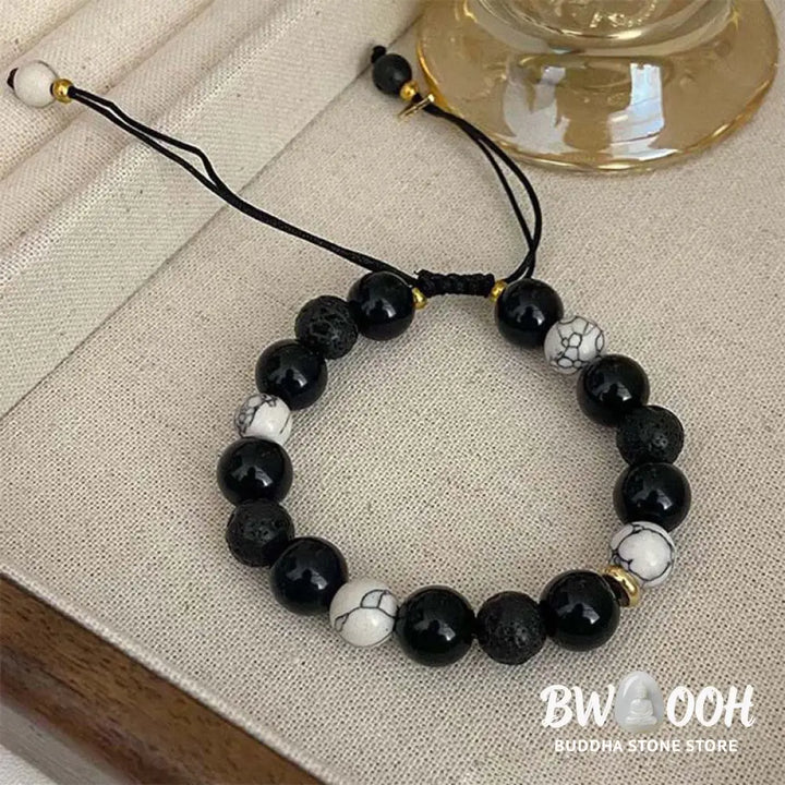 Buddha Stones Black Obsidian Lava Rock Stone Yin Yang Strength Bracelet - BWOOOH - Black Obsidian&amp;Lava Rock - Bracelet