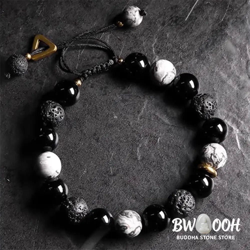 Buddha Stones Black Obsidian Lava Rock Stone Yin Yang Strength Bracelet - BWOOOH - Black Obsidian&amp;Lava Rock - Bracelet