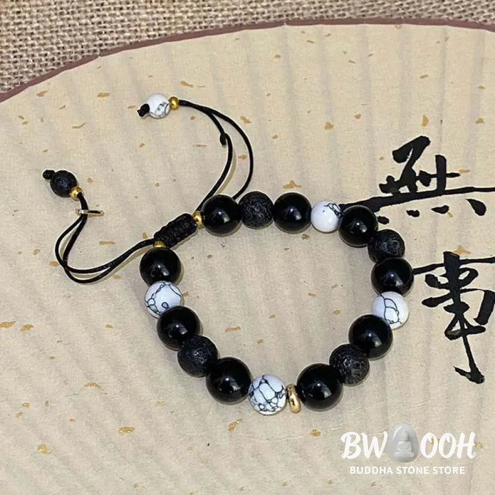 Buddha Stones Black Obsidian Lava Rock Stone Yin Yang Strength Bracelet - BWOOOH - Black Obsidian&amp;Lava Rock - Bracelet