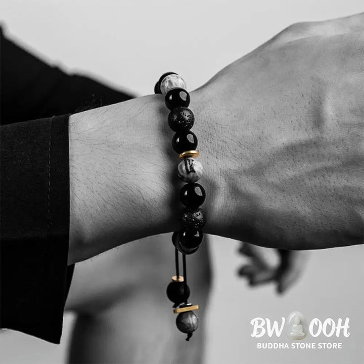 Buddha Stones Black Obsidian Lava Rock Stone Yin Yang Strength Bracelet - BWOOOH - Black Obsidian&amp;Lava Rock - Bracelet