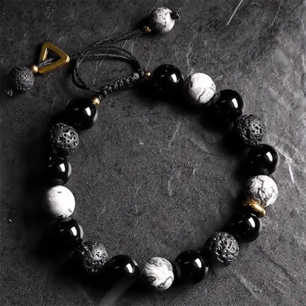 Buddha Stones Black Obsidian Lava Rock Stone Yin Yang Strength Bracelet - BWOOOH - Black Obsidian&Lava Rock - Bracelet