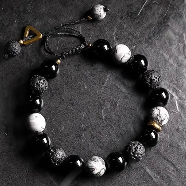 Buddha Stones Black Obsidian Lava Rock Stone Yin Yang Strength Bracelet - BWOOOH - Black Obsidian&amp;Lava Rock - Bracelet