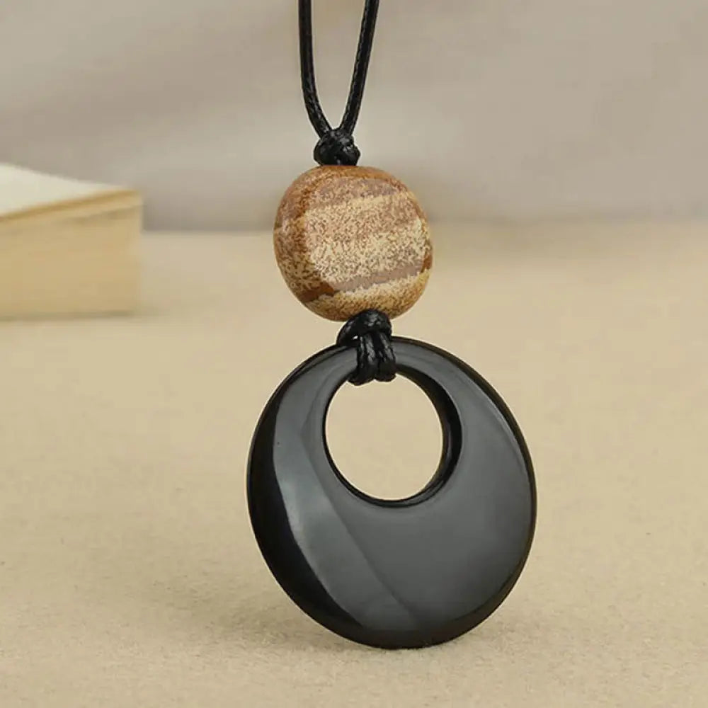Buddha Stones Black Obsidian Liuli Picture Stone Copper Fulfilment Necklace Pendant - Black Obsidian Picture Stone