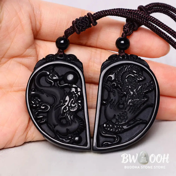 Buddha Stones Black Obsidian Love Dragon Phoenix Protection Necklace Pendant - BWOOOH - Dragon&amp;Phoenix - Necklaces &amp;