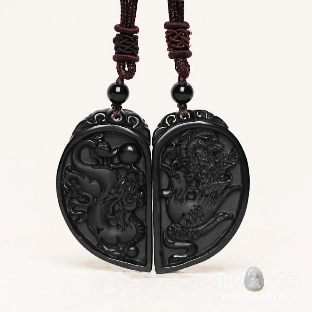 Buddha Stones Black Obsidian Love Dragon Phoenix Protection Necklace Pendant - BWOOOH - Dragon&amp;Phoenix - Necklaces &amp;