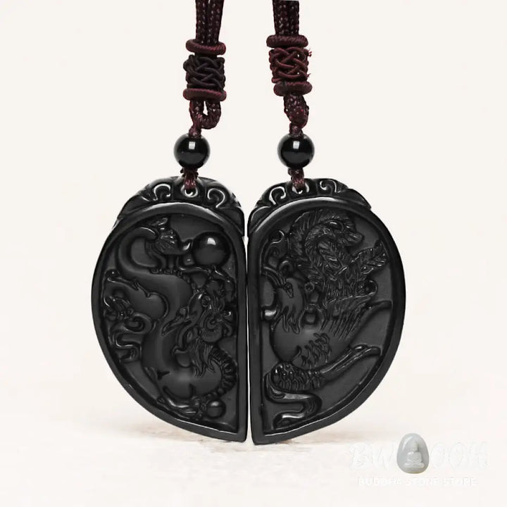Buddha Stones Black Obsidian Love Dragon Phoenix Protection Necklace Pendant - BWOOOH - Dragon&amp;Phoenix - Necklaces &amp;
