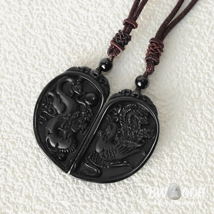 Buddha Stones Black Obsidian Love Dragon Phoenix Protection Necklace Pendant - BWOOOH - Dragon&amp;Phoenix - Necklaces &amp;