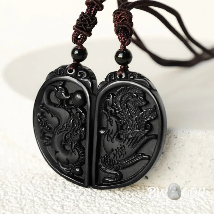 Buddha Stones Black Obsidian Love Dragon Phoenix Protection Necklace Pendant - BWOOOH - Dragon&amp;Phoenix - Necklaces &amp;
