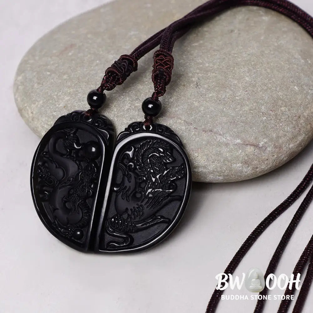 Buddha Stones Black Obsidian Love Dragon Phoenix Protection Necklace Pendant - BWOOOH - Dragon&amp;Phoenix - Necklaces &amp;