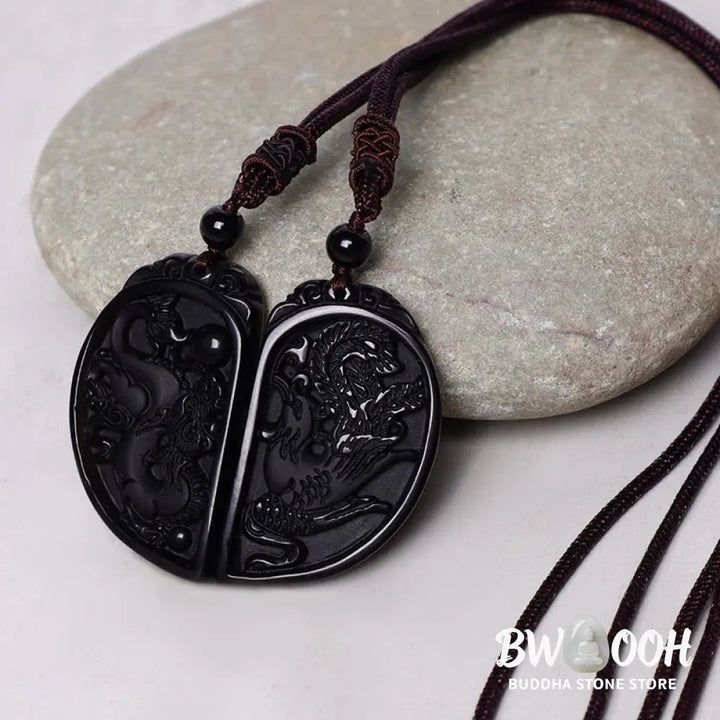 Buddha Stones Black Obsidian Love Dragon Phoenix Protection Necklace Pendant - BWOOOH - Dragon&amp;Phoenix - Necklaces &amp;