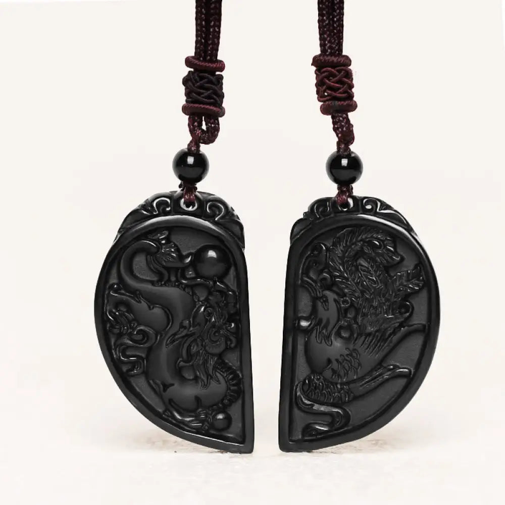 BWOOOH black obsidian love dragon phoenix protection necklace pendant on 45cm chain
