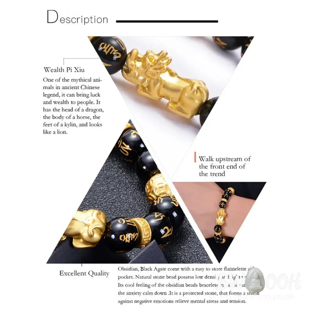 Buddha Stones Black Obsidian Black Onyx Alloy PiXiu Om Mani Padme Hum Strength Bracelet - BWOOOH - Bracelet