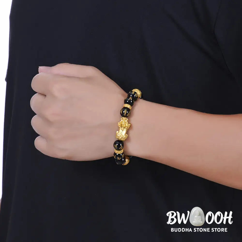 Buddha Stones Black Obsidian Black Onyx Alloy PiXiu Om Mani Padme Hum Strength Bracelet - BWOOOH - Bracelet