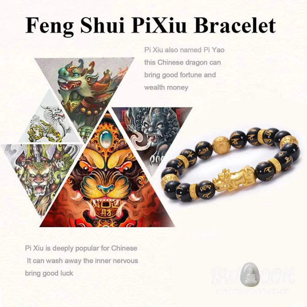 Buddha Stones Black Obsidian Black Onyx Alloy PiXiu Om Mani Padme Hum Strength Bracelet - BWOOOH - Bracelet
