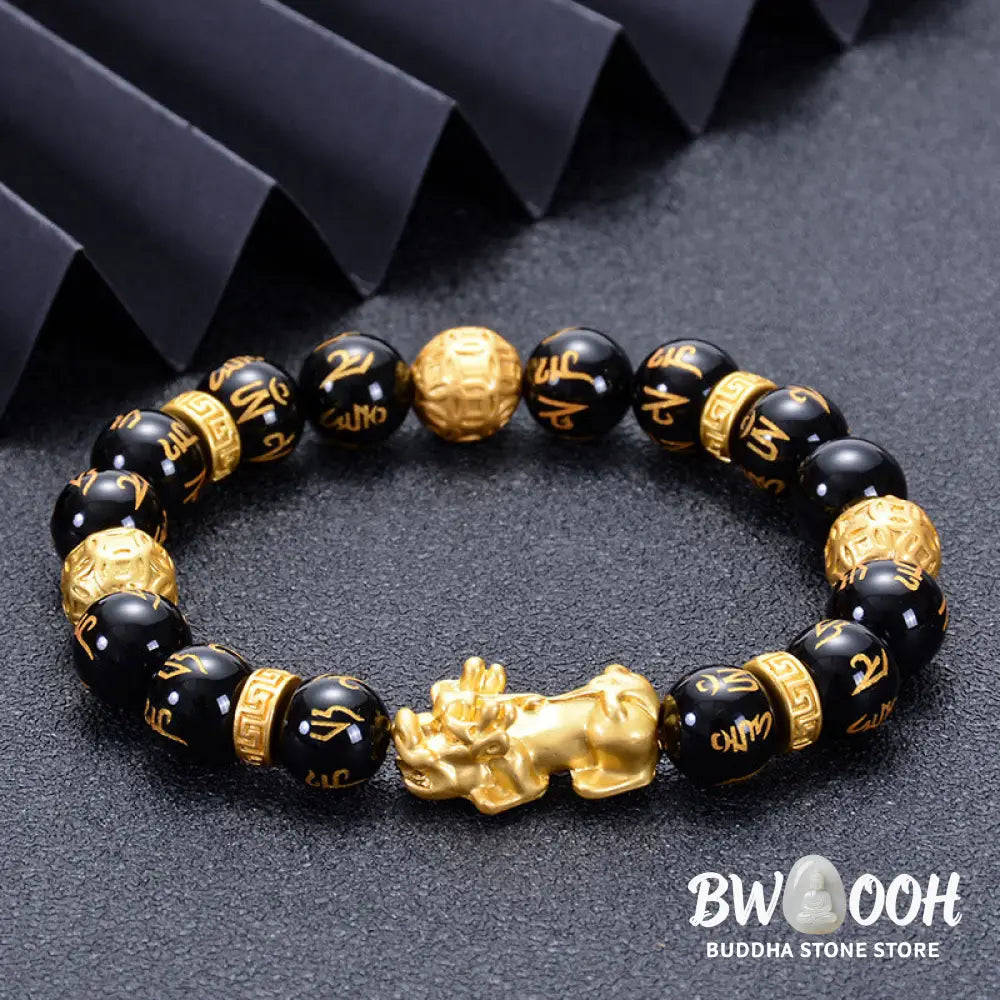 Buddha Stones Black Obsidian Black Onyx Alloy PiXiu Om Mani Padme Hum Strength Bracelet - BWOOOH - Bracelet