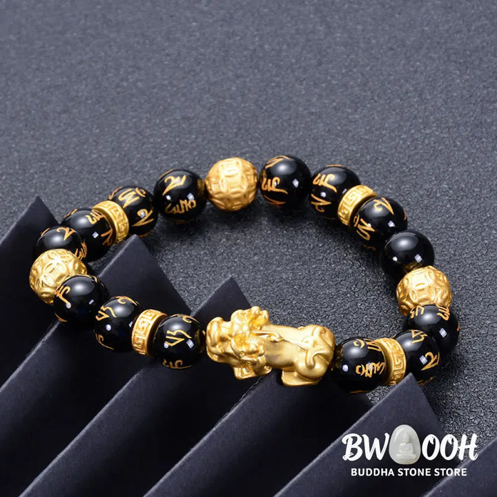 Buddha Stones Black Obsidian Black Onyx Alloy PiXiu Om Mani Padme Hum Strength Bracelet - BWOOOH - Bracelet