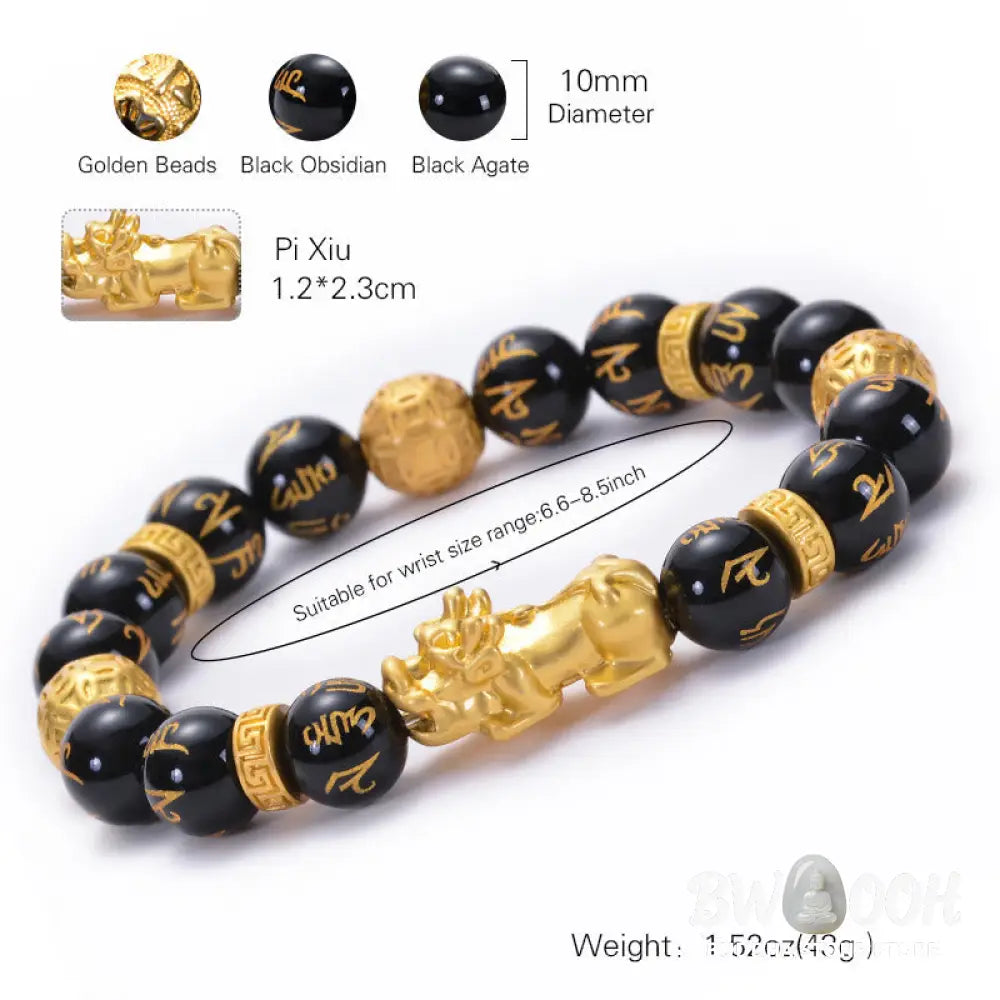 Buddha Stones Black Obsidian Black Onyx Alloy PiXiu Om Mani Padme Hum Strength Bracelet - BWOOOH - Bracelet