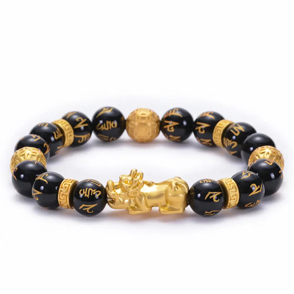 BWOOOH Black Obsidian Black Onyx Alloy PiXiu Om Mani Padme Hum Strength Bracelet - BWOOOH - Black Obsidian Om
