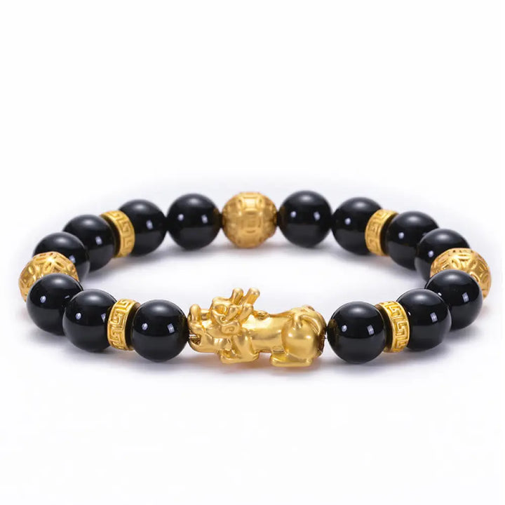 Buddha Stones Black Obsidian Black Onyx Alloy PiXiu Om Mani Padme Hum Strength Bracelet - BWOOOH - Black Onyx Golden