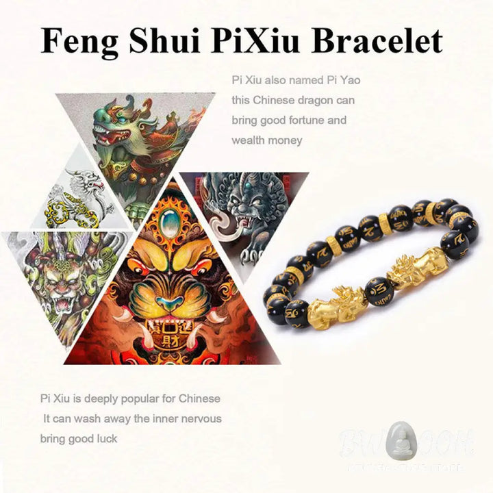 Buddha Stones Black Obsidian Black Onyx Golden Alloy Two PiXiu Om Mani Padme Hum Strength Bracelet - BWOOOH - Bracelet