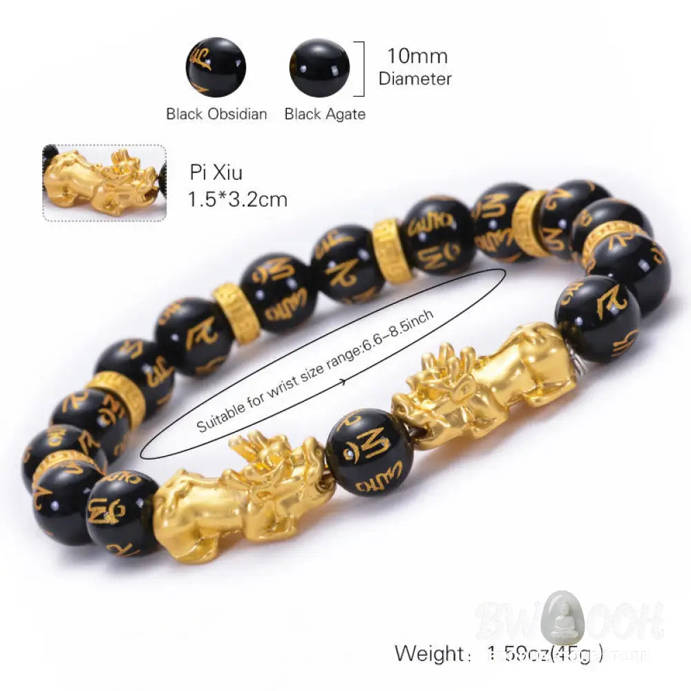 Buddha Stones Black Obsidian Black Onyx Golden Alloy Two PiXiu Om Mani Padme Hum Strength Bracelet - BWOOOH - Bracelet
