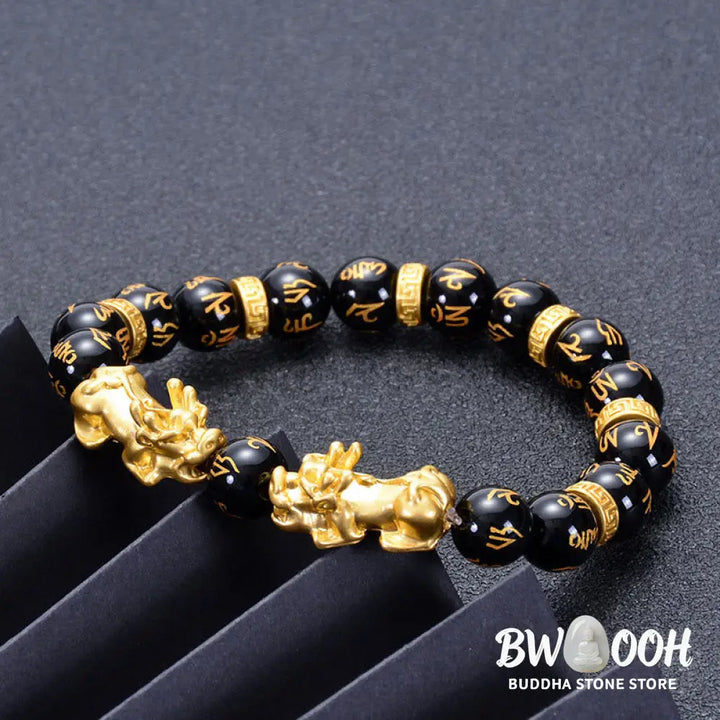 Buddha Stones Black Obsidian Black Onyx Golden Alloy Two PiXiu Om Mani Padme Hum Strength Bracelet - BWOOOH - Bracelet