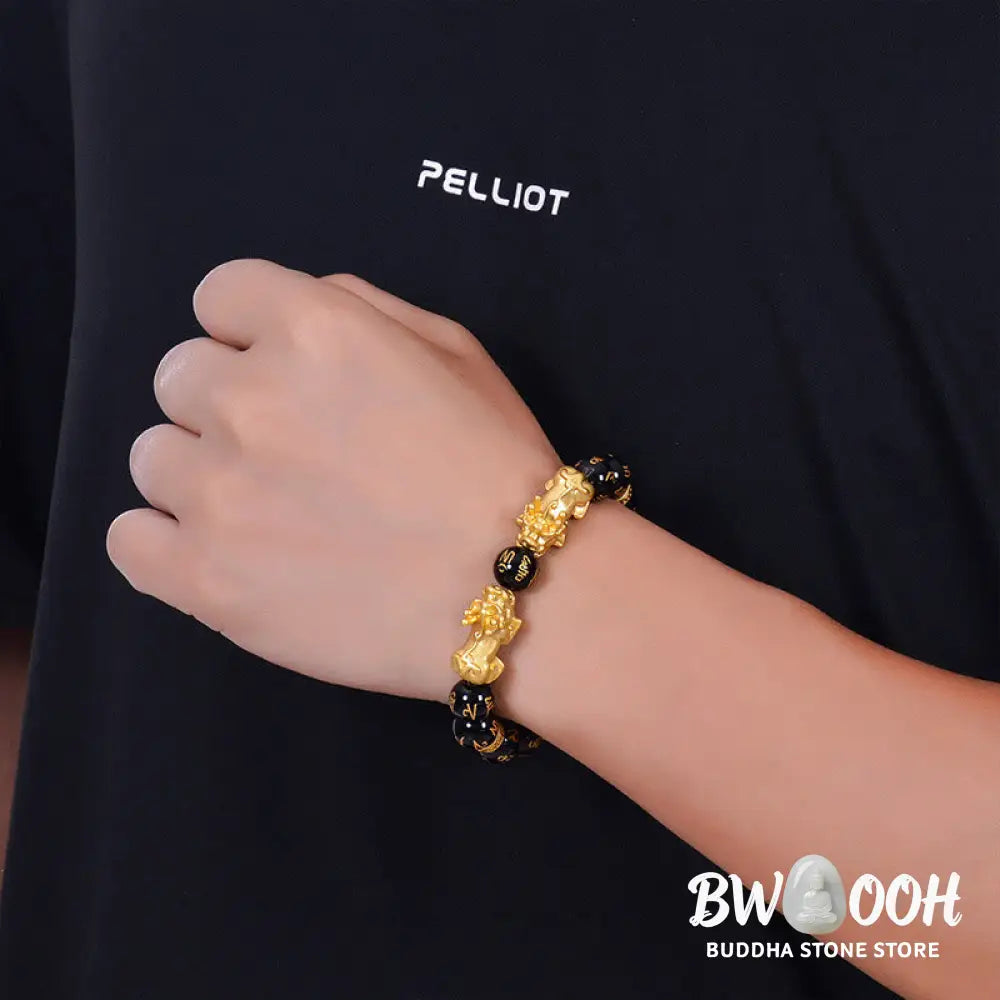 Buddha Stones Black Obsidian Black Onyx Golden Alloy Two PiXiu Om Mani Padme Hum Strength Bracelet - BWOOOH - Bracelet